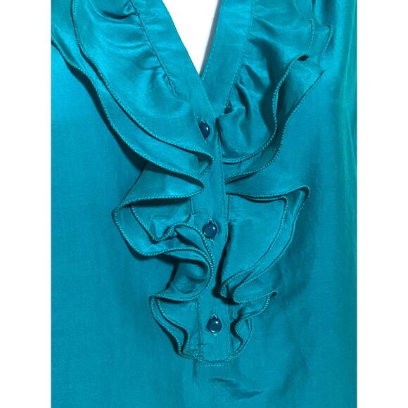 Loft Blue Sleeveless Top Blouse L Ruffles Cotton Silk Classic Chic Career Office - Picture 2 of 7